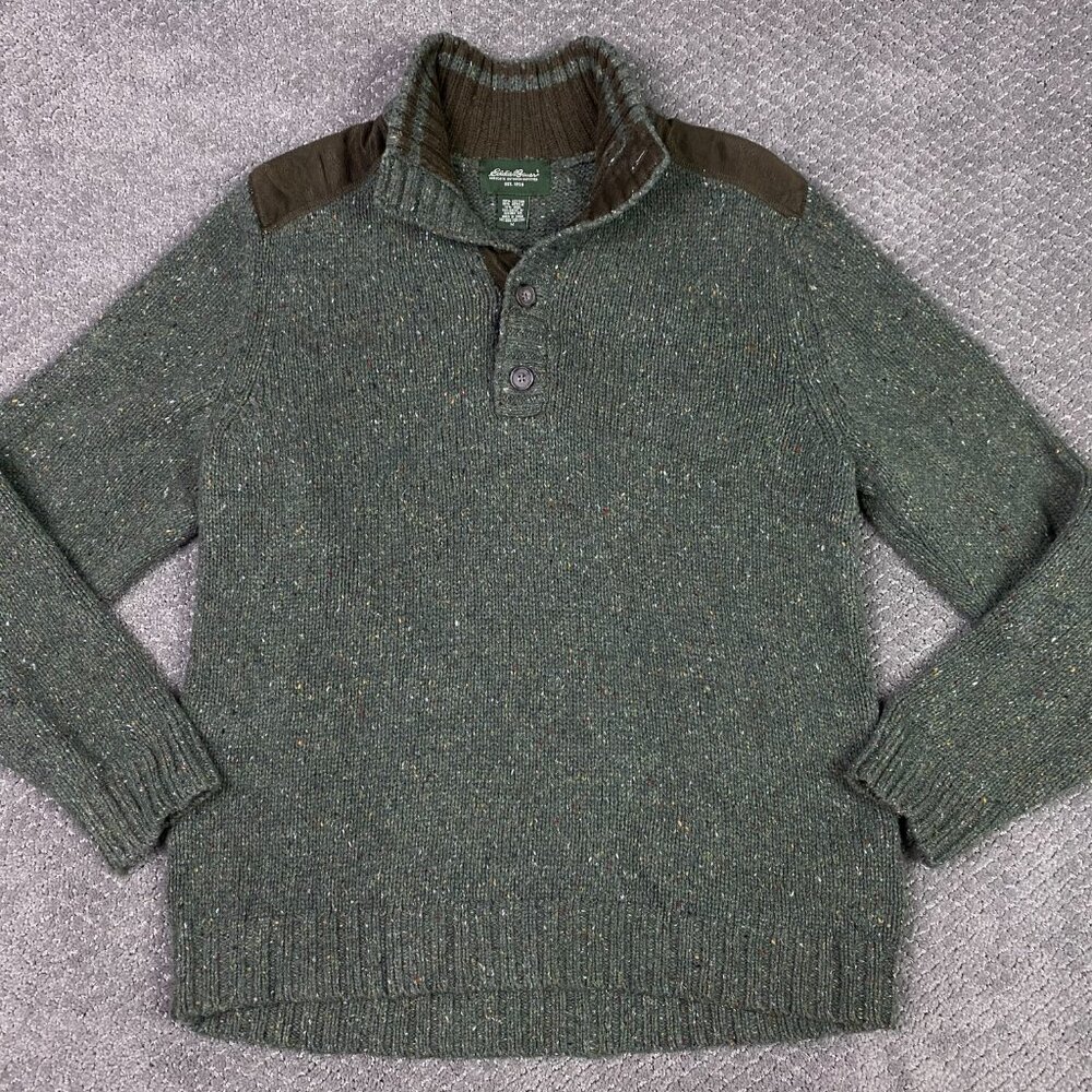 Eddie Bauer Sweater Men's Medium Green Speckled Shoulder Patches Wool Cotton